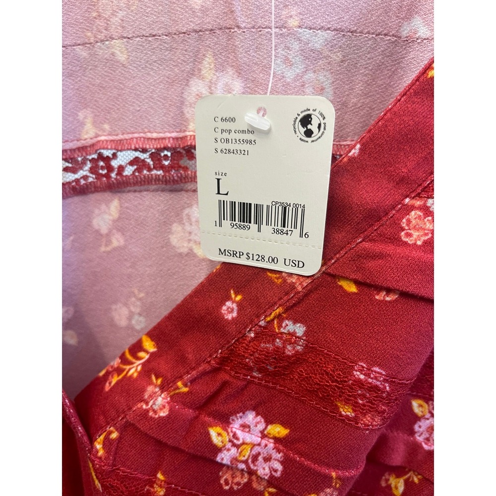 Free People NWT red floral dress babydoll L/S rufflecuff sz L Boho cottage artsy - Picture 5 of 6